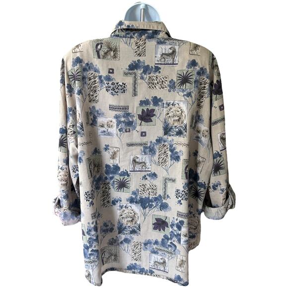 Tcp & Co Animal Print Button Shirt Beige Blue Safari Wildlife Vintage 90s - Picture 2 of 6